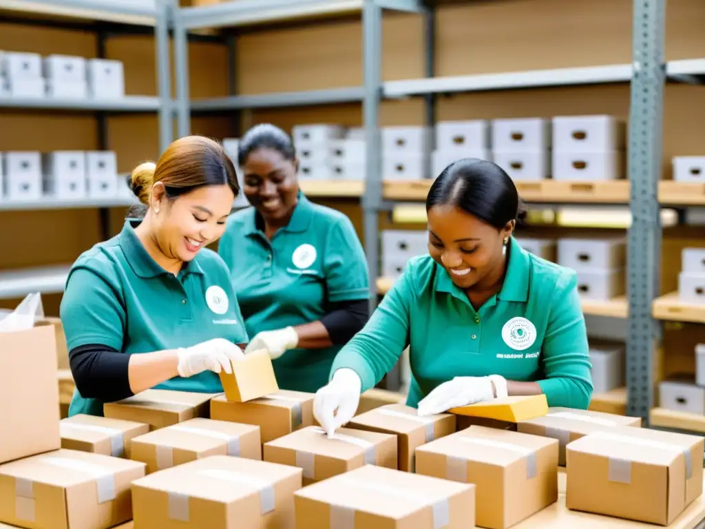 Personas con discapacidad visual empacando productos artesanales para fundación, mostrando su dedicación y habilidad