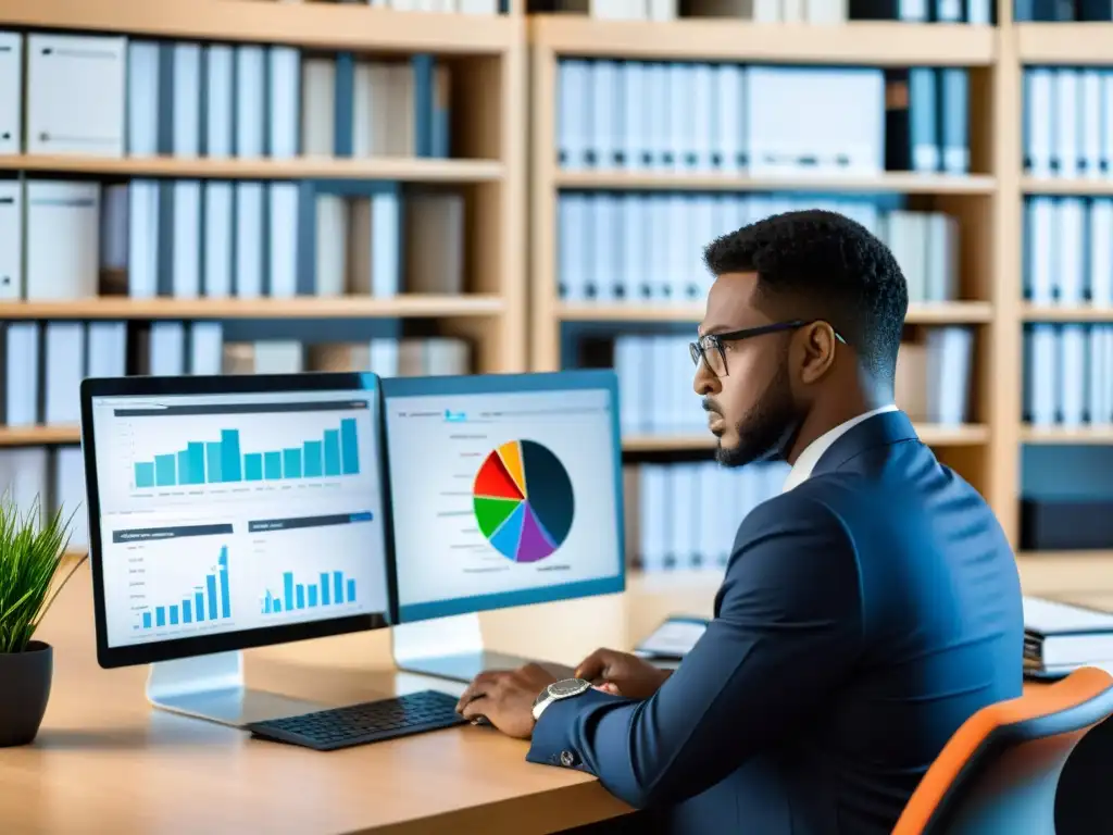 Análisis de reputación online de una ONG: Foco y determinación Un profesional analiza datos de indicadores clave reputación online ONG en su computadora en una oficina iluminada y moderna