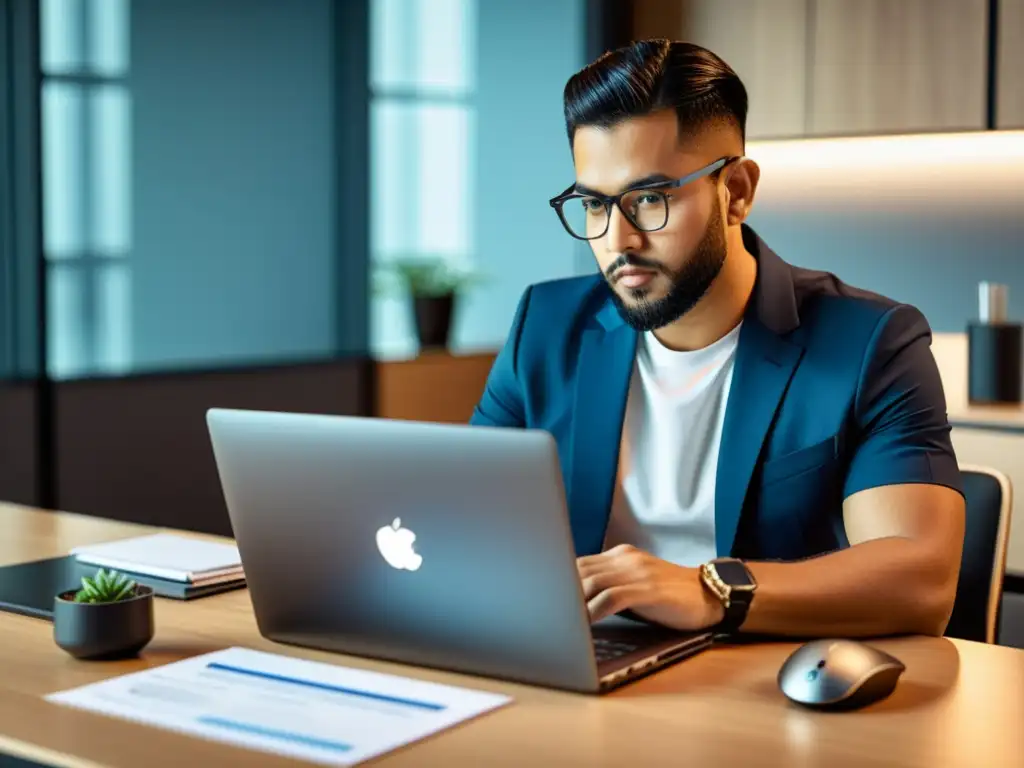 Un profesional personaliza una propuesta de patrocinio para la industria tecnológica en su elegante laptop, rodeado de gadgets y reportes