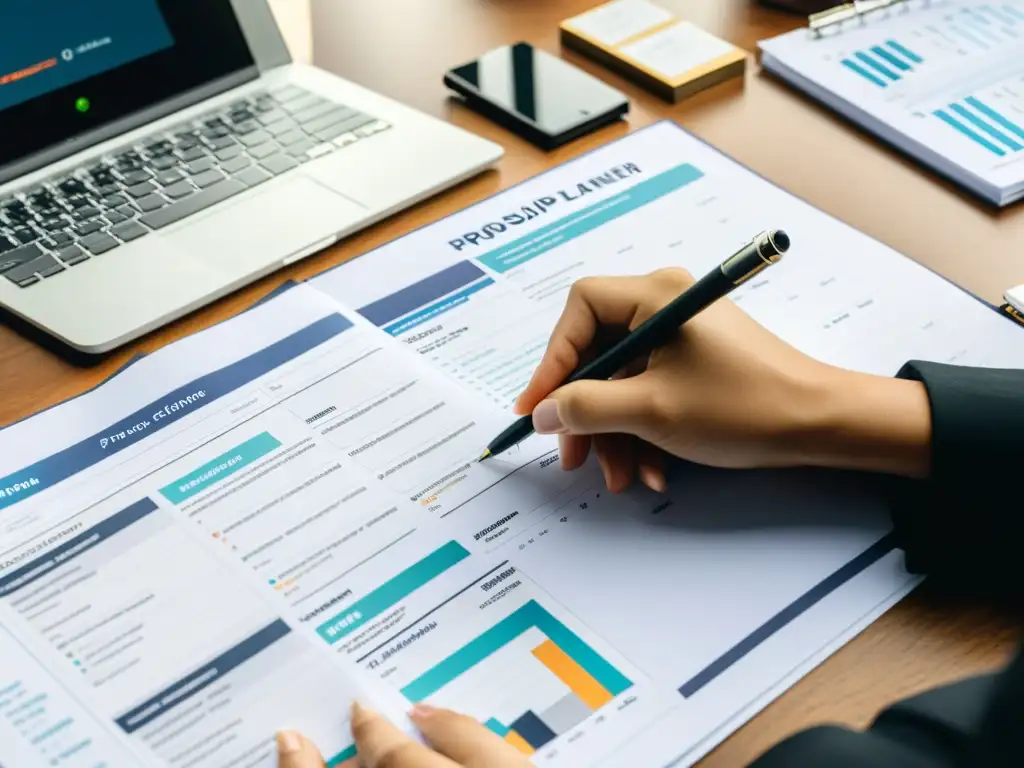 Profesional personalizando propuestas de patrocinio para industrias, rodeado de documentos, gráficos y materiales de marketing