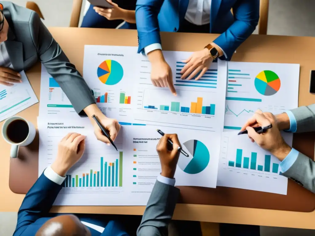 Profesionales de diversas áreas discuten estrategias para la sostenibilidad financiera para ONG, rodeados de gráficos y reportes financieros