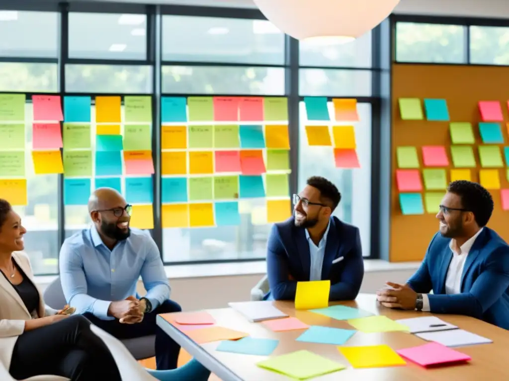 Sesión de brainstorming llena de energía Profesionales en brainstorming, fomentando cultura innovación en fundaciones, con notas de colores y dinamismo creativo