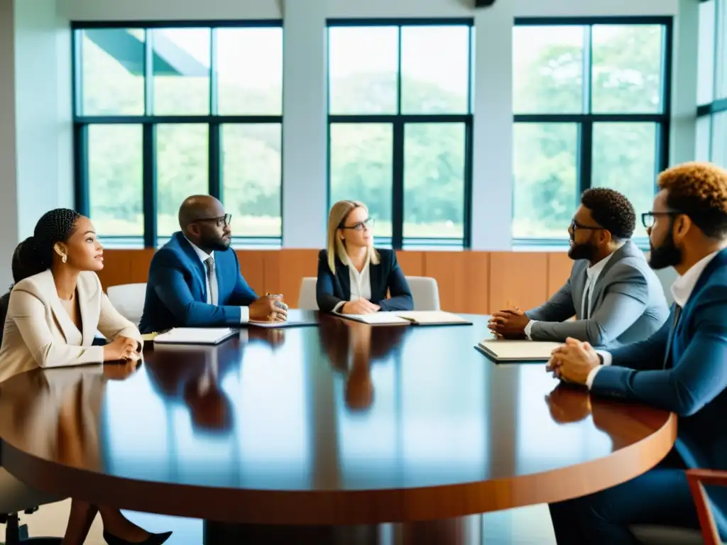 Profesionales colaborando en una discusión ética y transparente Profesionales diversos enfrentando conflictos éticos con transparencia y profesionalismo en una discusión colaborativa llena de integridad