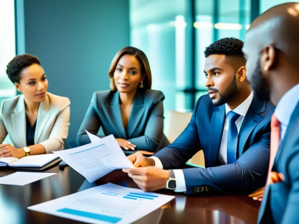 Profesionales colaborando en consultoría fiscal para asociaciones no lucrativas en una sala de juntas iluminada, expresando determinación y expertise