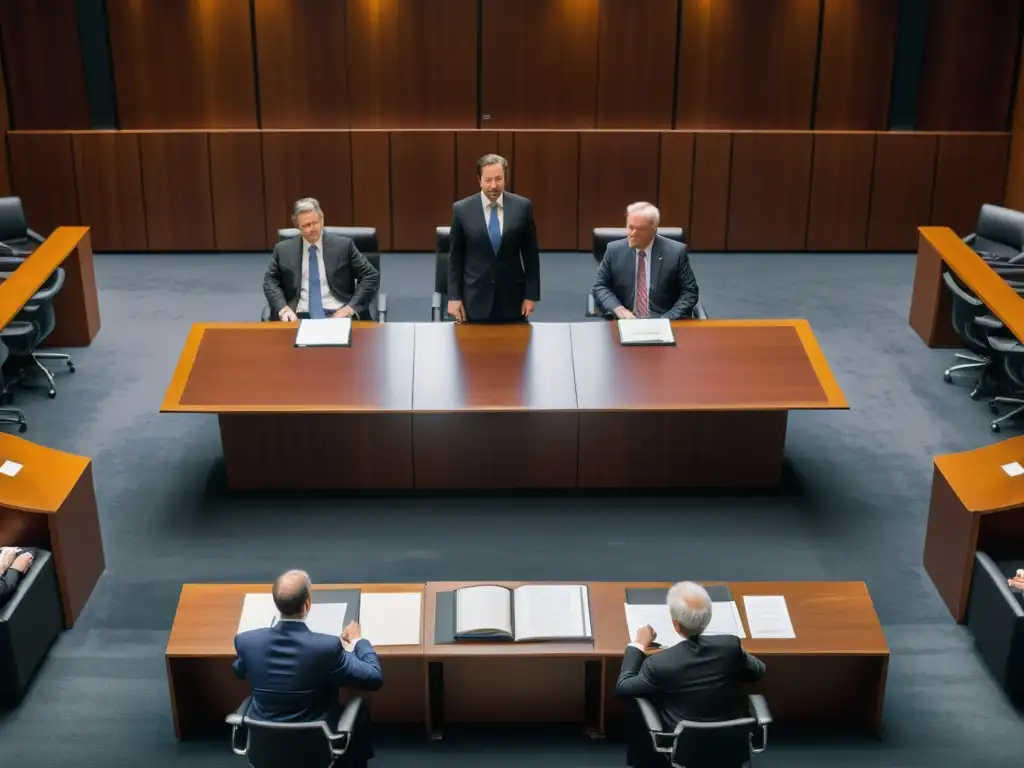 Discusión legal en una sala de abogados Profesionales discuten sobre cumplimiento legal para fundaciones en una sala de tribunal iluminada por luz natural