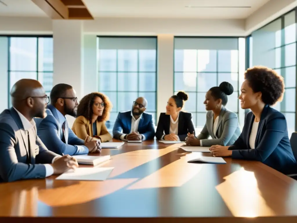 Profesionales diversidad dialogan en una mesa, ambiente cálido