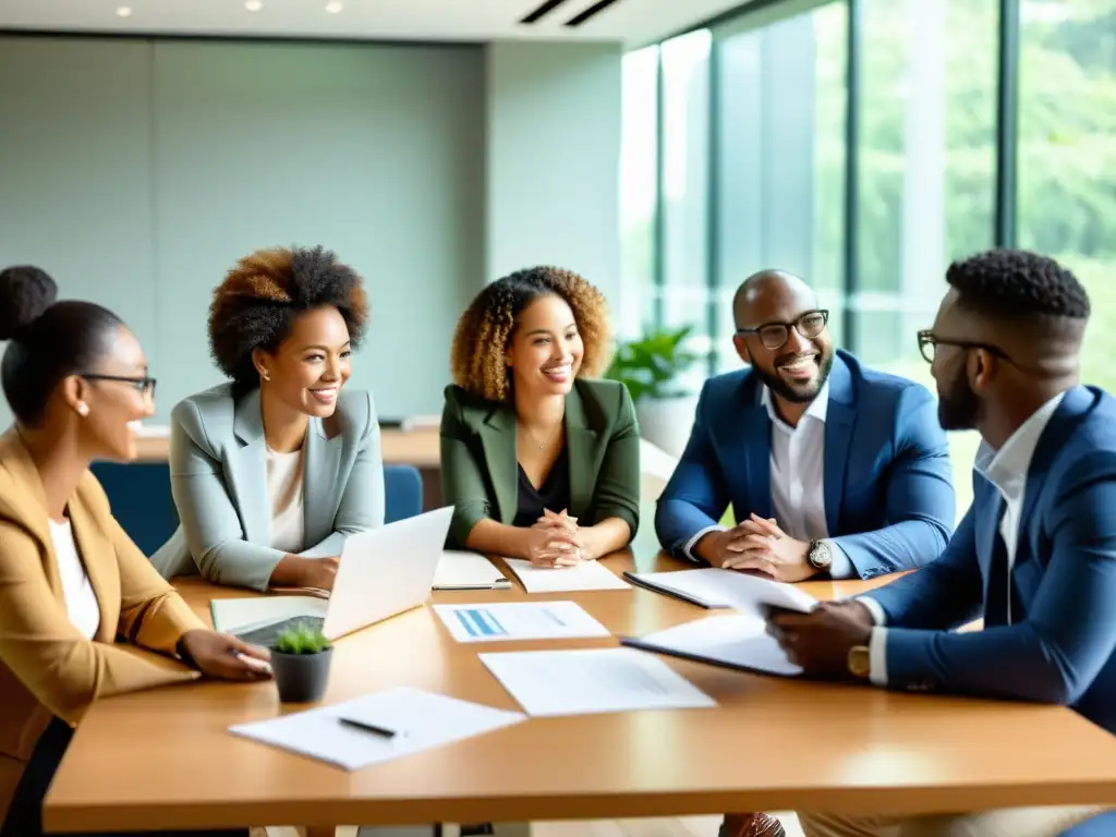 Reunión de profesionales innovadores: colaboración dinámica Profesionales diversificados fomentando cultura de innovación en fundaciones, reunidos en una animada discusión alrededor de una mesa de conferencias