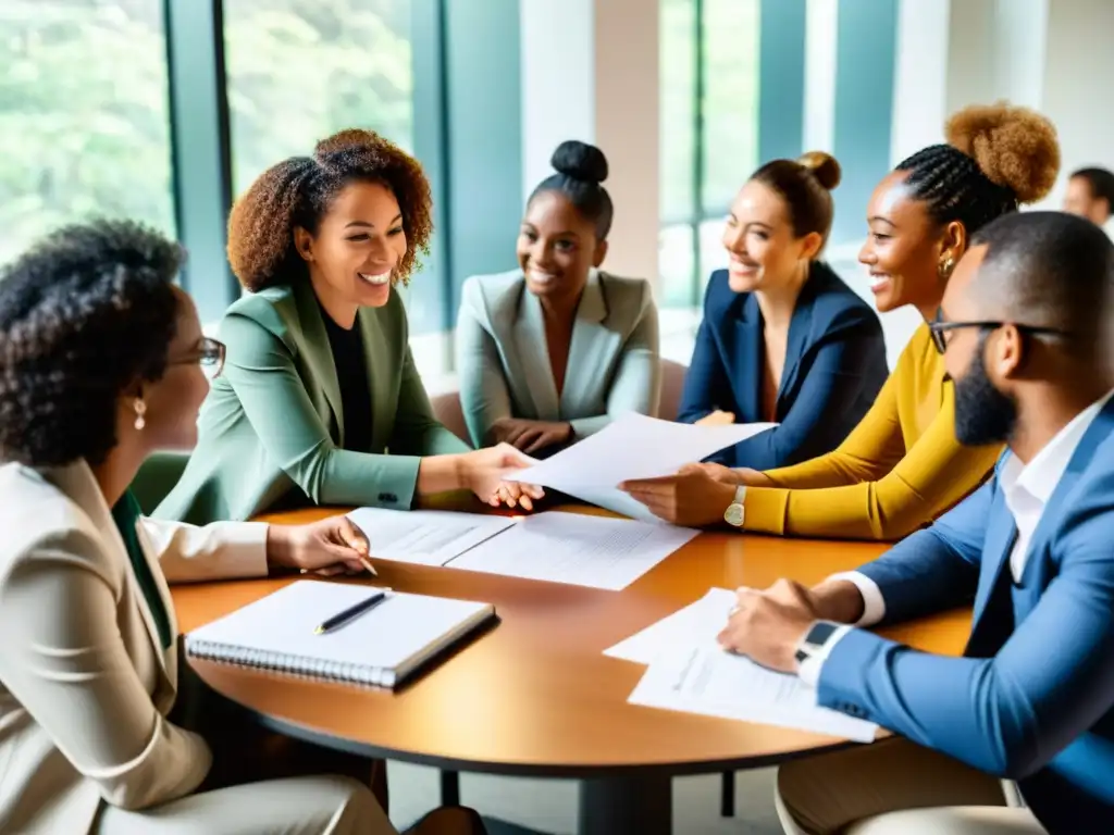 Reunión estratégica de profesionales en colaboración Profesionales diversificados colaborando en estrategias de recaudación de fondos durante una crisis, en una sala iluminada con luz natural