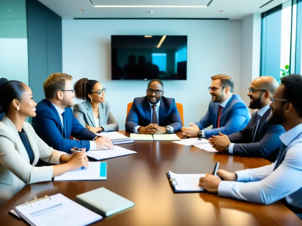 Profesionales diversificados en una sala de juntas discuten el proceso de adquisición de ONGs