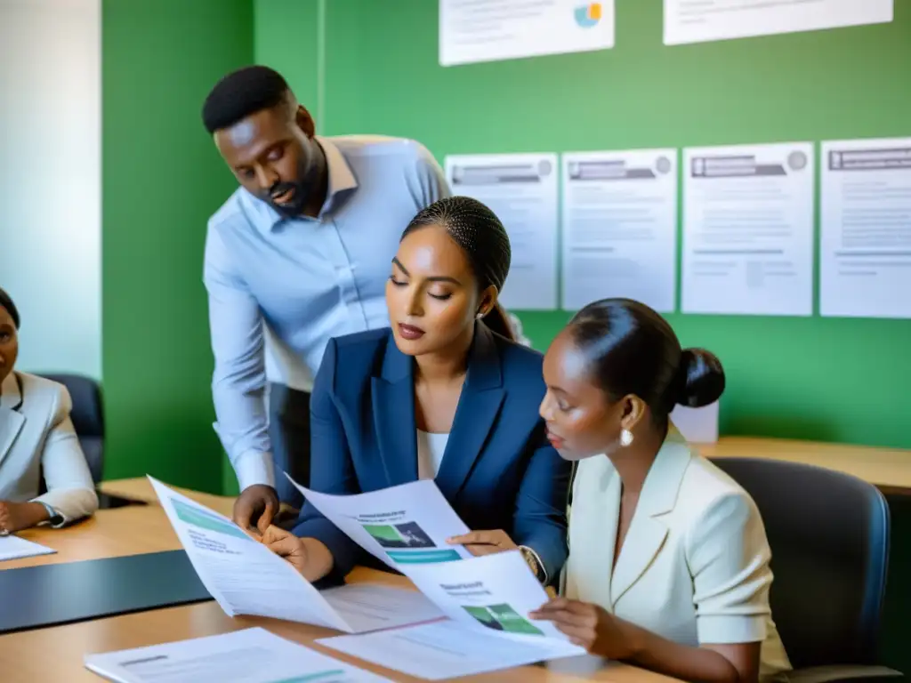 Profesionales de una ONG revisan documentos de adquisición con enfoque y seriedad en una oficina moderna y luminosa