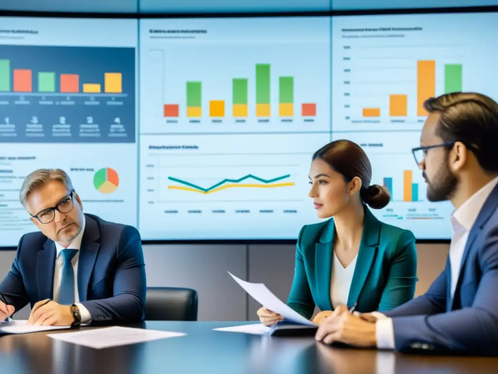 Profesionales revisando documentos financieros con detalle Profesionales revisando minuciosamente documentos financieros en una sala de juntas bien iluminada, con gráficos en pantalla