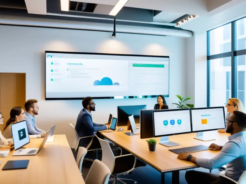 Profesionales colaborando en un espacio de trabajo moderno con herramientas colaborativas en la nube