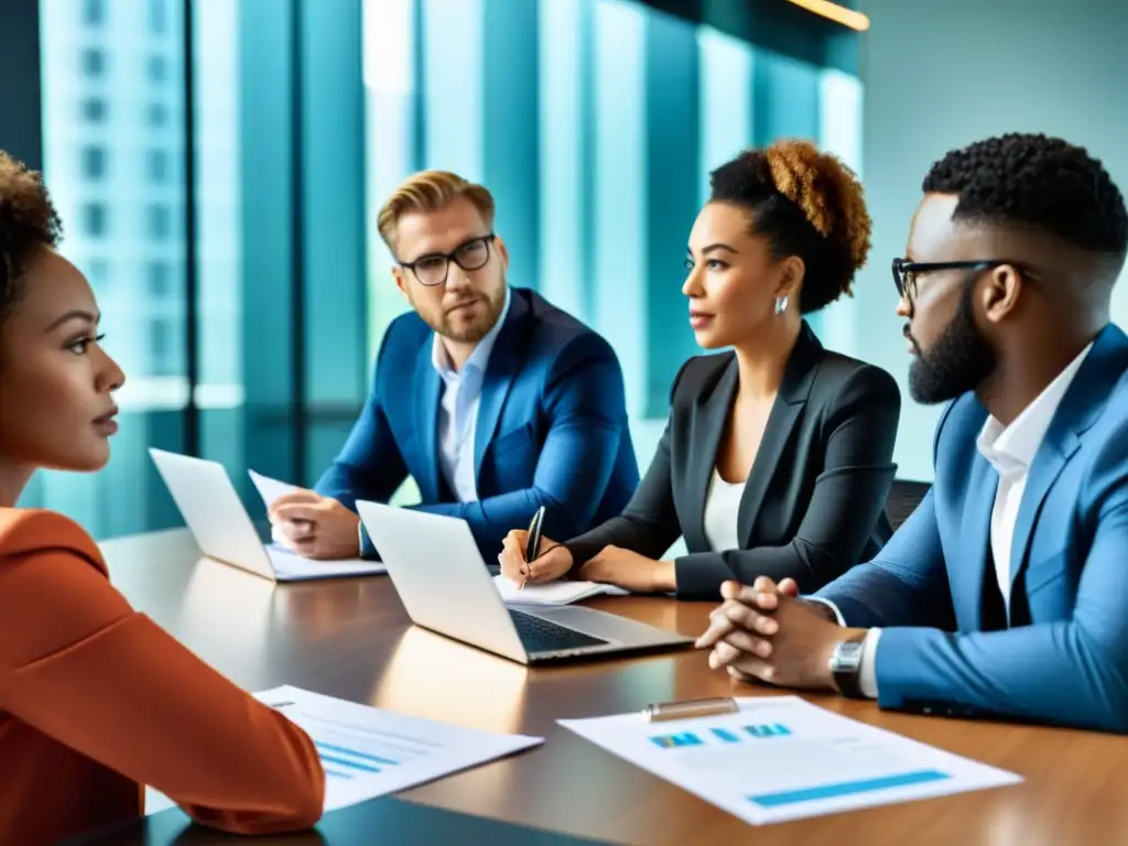 Profesionales debatiendo políticas de protección de datos Profesionales discuten estándares legales protección datos en una moderna sala de juntas, con atmósfera colaborativa y experta