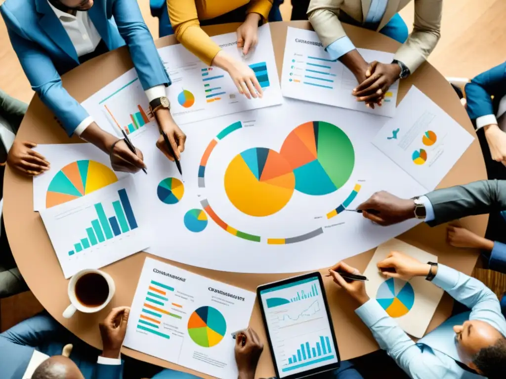 Profesionales colaborando en estrategias de marketing para fundaciones, con gráficos y documentos sobre la mesa