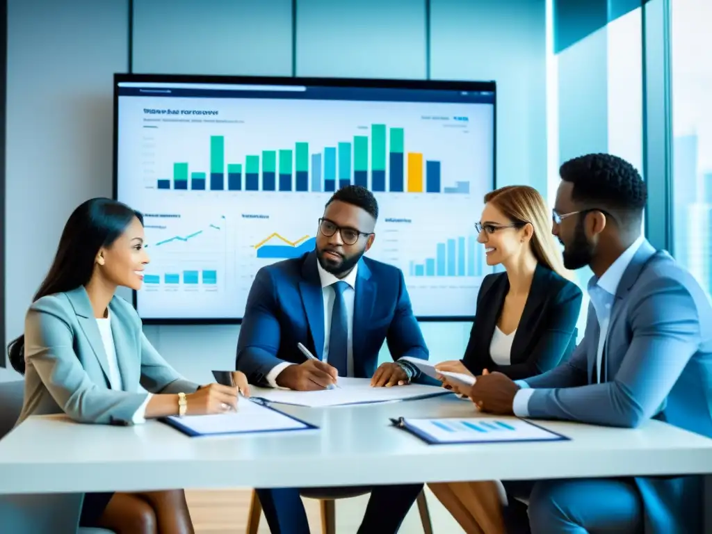 Profesionales financieros analizan informes con transparencia Profesionales financieros revisando informes y gráficos, enfocados en la transparencia financiera en asociaciones y fundaciones