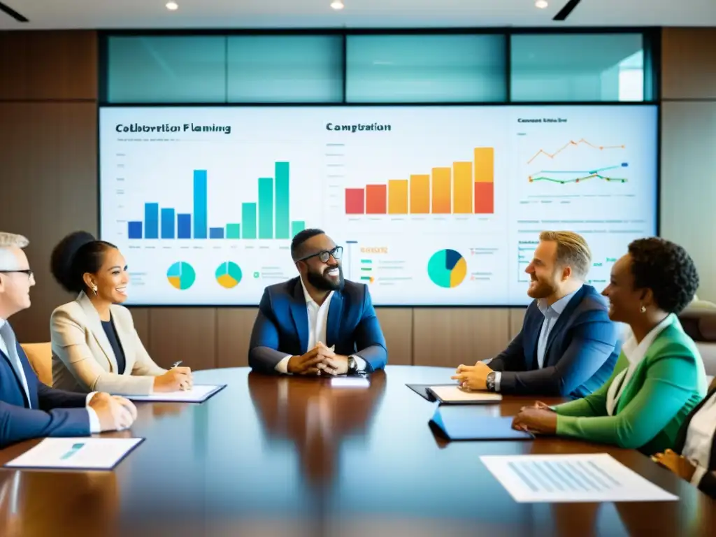 Profesionales colaborando en planificación sucesión liderazgo fundación en una moderna sala de reuniones, con gráficos en pantalla