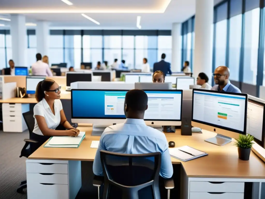 Profesionales colaborando en oficina de ONG, gestionando información eficientemente