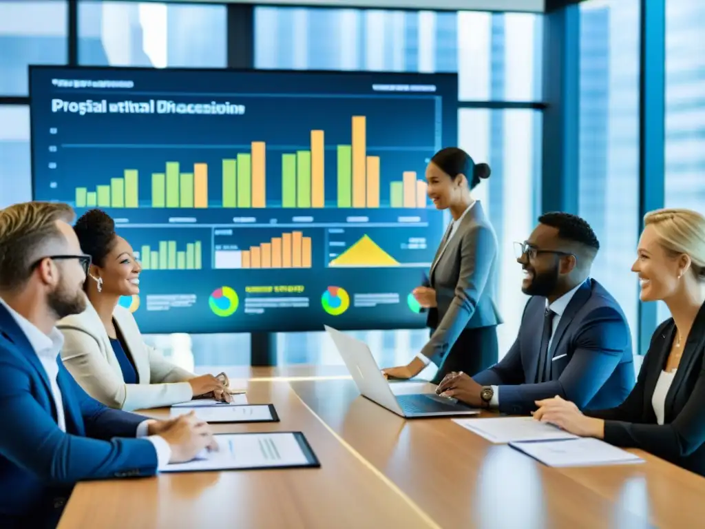 Profesionales financieros colaborando en una oficina moderna Profesionales colaboran en una oficina moderna, discutiendo estrategias y decisiones financieras para asociaciones y fundaciones