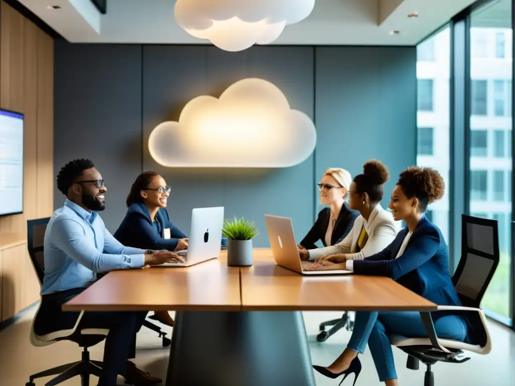Profesionales colaborando en una oficina moderna, usando herramientas colaborativas en la nube para gestionar proyectos