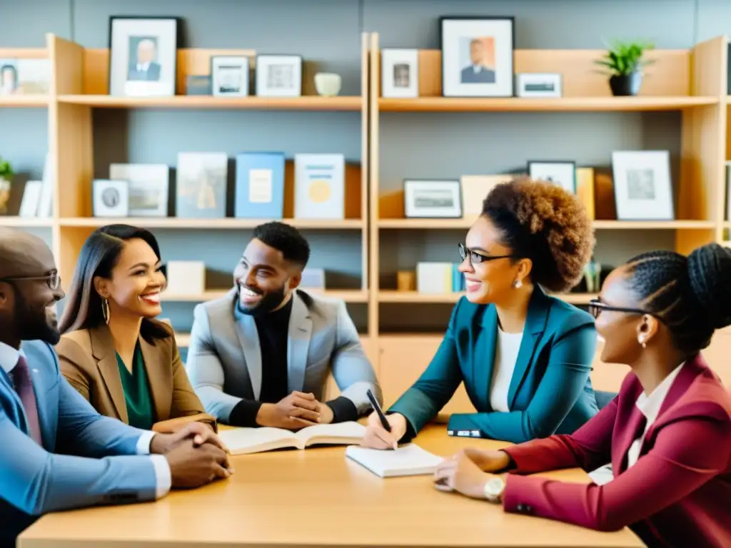 Profesionales diversos discutiendo en ambiente inclusivo Profesionales de distintos orígenes culturales debaten en un espacio inclusivo, reflejando los valores de contratación ética en ONGs