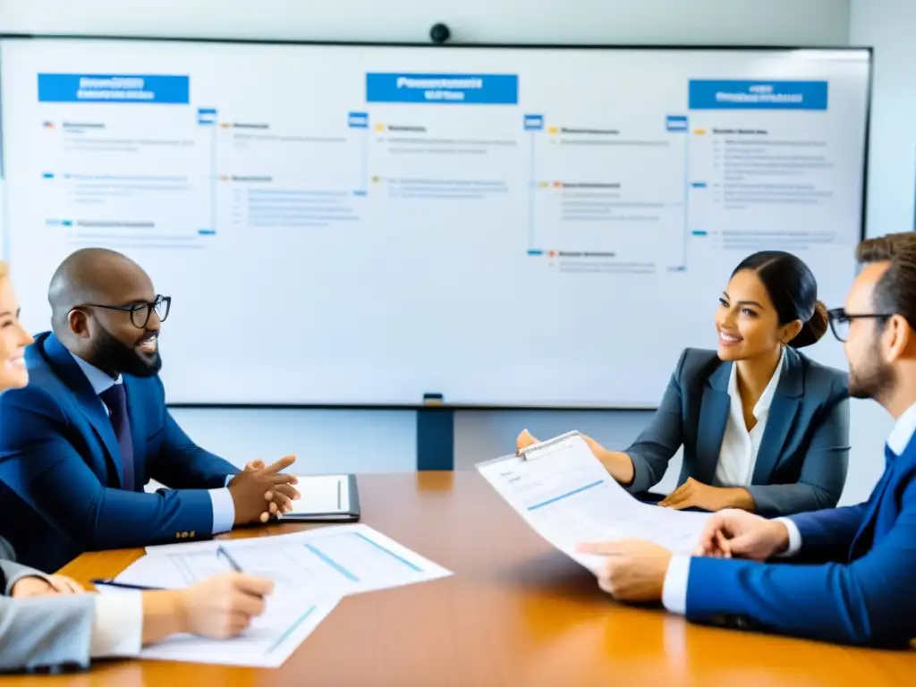 Profesionales discuten el proceso de adquisición de ONGs con seriedad y enfoque, analizando documentos y gráficos en una sala de conferencias