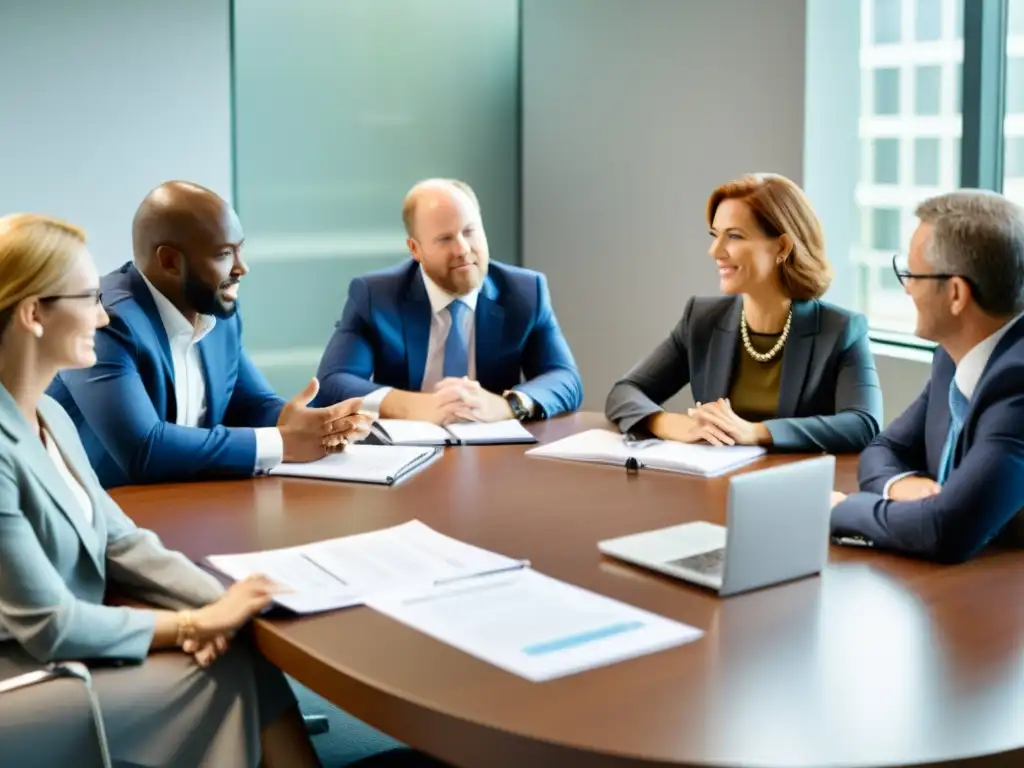 Profesionales y representantes discuten apasionadamente en una mesa de conferencias, buscando subvenciones