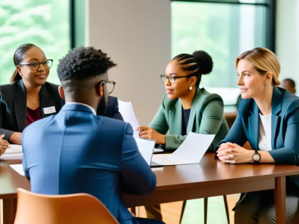 Profesionales y representantes de ONGs colaboran en un proceso de adquisición, con seriedad y determinación, en una sala iluminada con luz natural