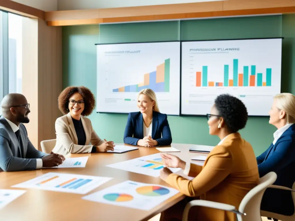 Profesionales debaten planificación sucesión liderazgo fundación en sala luminosa, mostrando determinación y colaboración