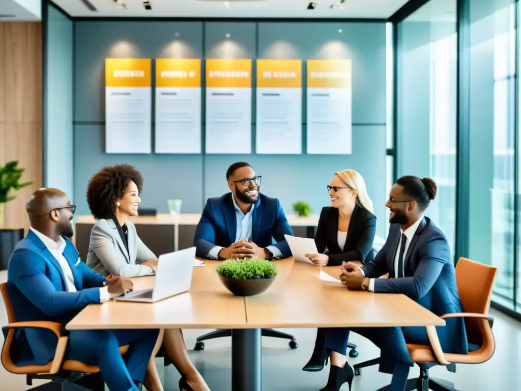 Equipo diverso en oficina moderna: Ética en contrataciones Profesionales en trajes de negocios discuten con respeto en una sala moderna y luminosa