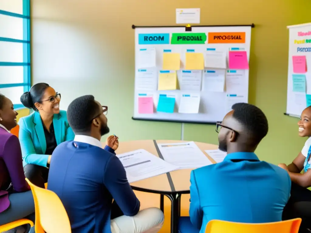 Profesor y estudiantes debaten propuestas de patrocinio personalizadas en ambiente dinámico