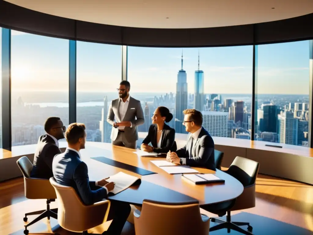 Una reunión de directivos en una moderna oficina con vista a la ciudad