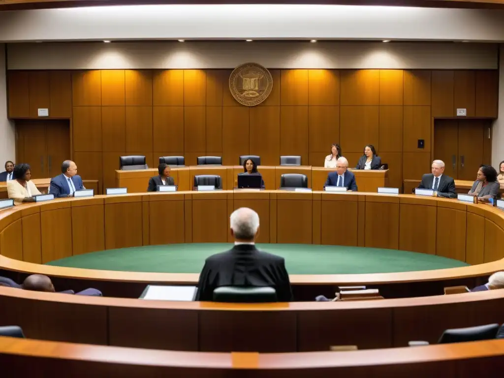 Sala de justicia abarrotada: escena seria y profesional Un tribunal lleno de diversidad, con abogados, jueces y clientes