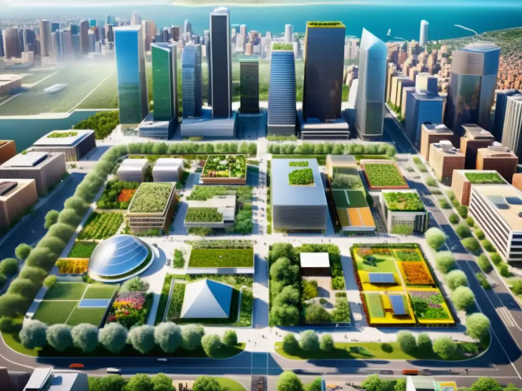 Innovación social en la ciudad: proyectos dinámicos y conectados Vista aérea de centro urbano con proyectos de innovación social, evaluación impacto en entorno urbano vibrante