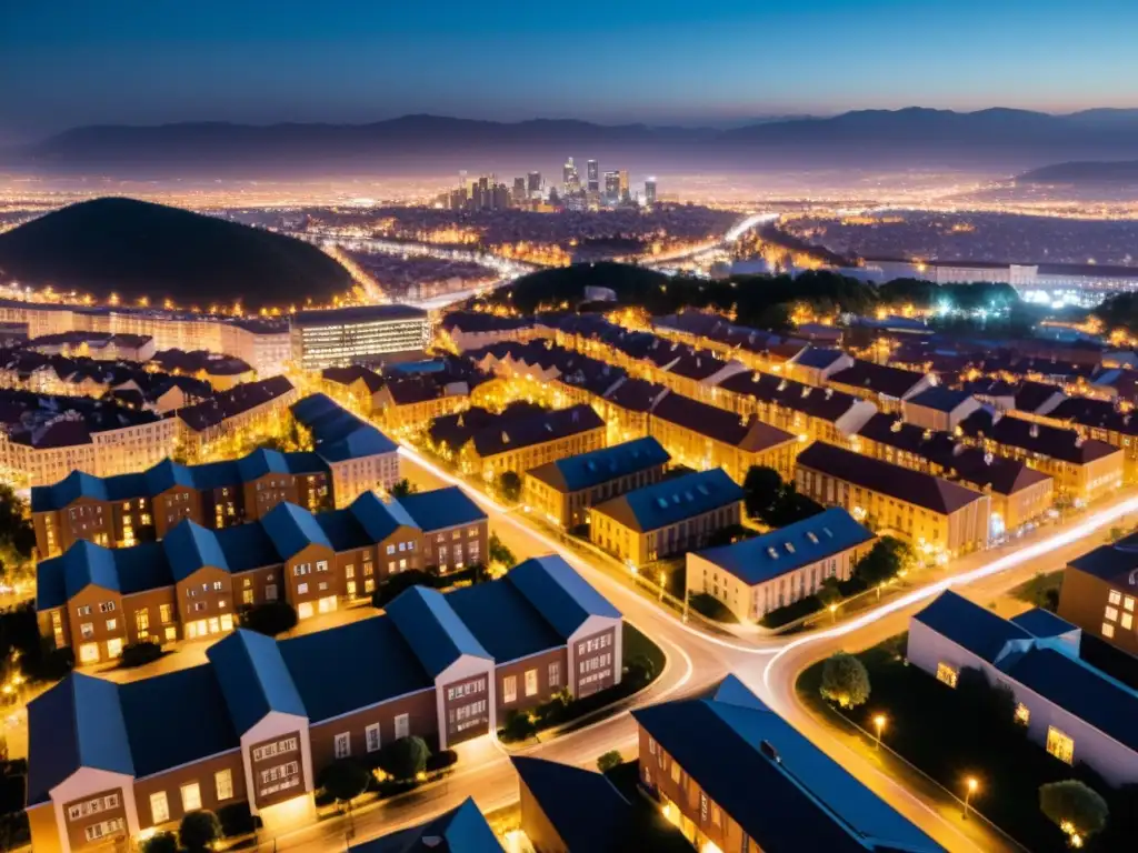 Vigilancia urbana nocturna: luces y sombras Vista aérea nocturna de la ciudad con luces de edificios y calles formando una red luminosa