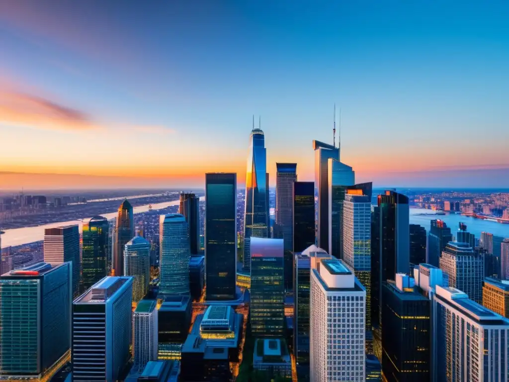 Vista panorámica de una metrópolis moderna al atardecer, simbolizando la lucha internacional contra el lavado de dinero y las fundaciones financieras