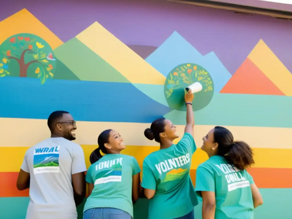 Voluntarios corporativos pintan mural en escuela, mostrando compromiso en voluntariado corporativo