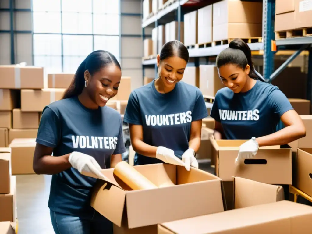 Voluntarios en almacén, organizando donaciones con determinación para minimizar costos en ONG