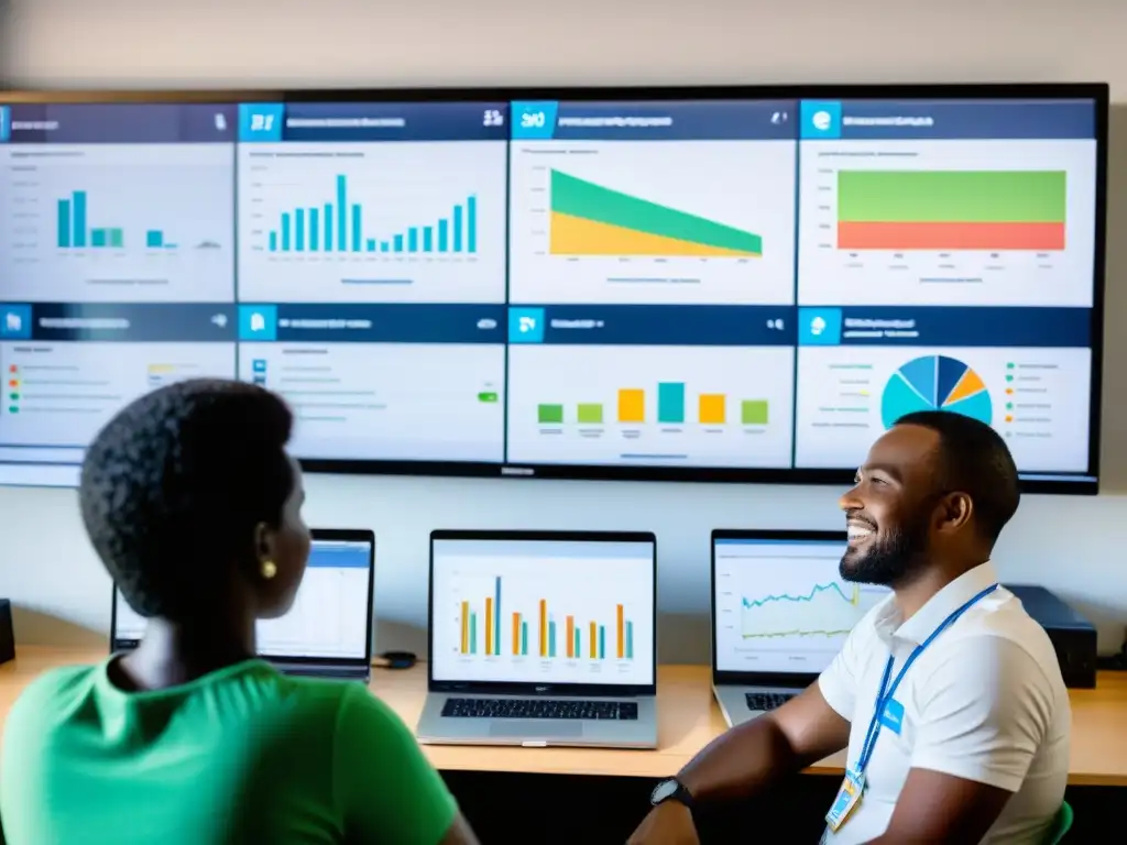 Voluntarios entusiastas usan software especializado para ONGs, mostrando beneficios y profesionalismo en la gestión de proyectos