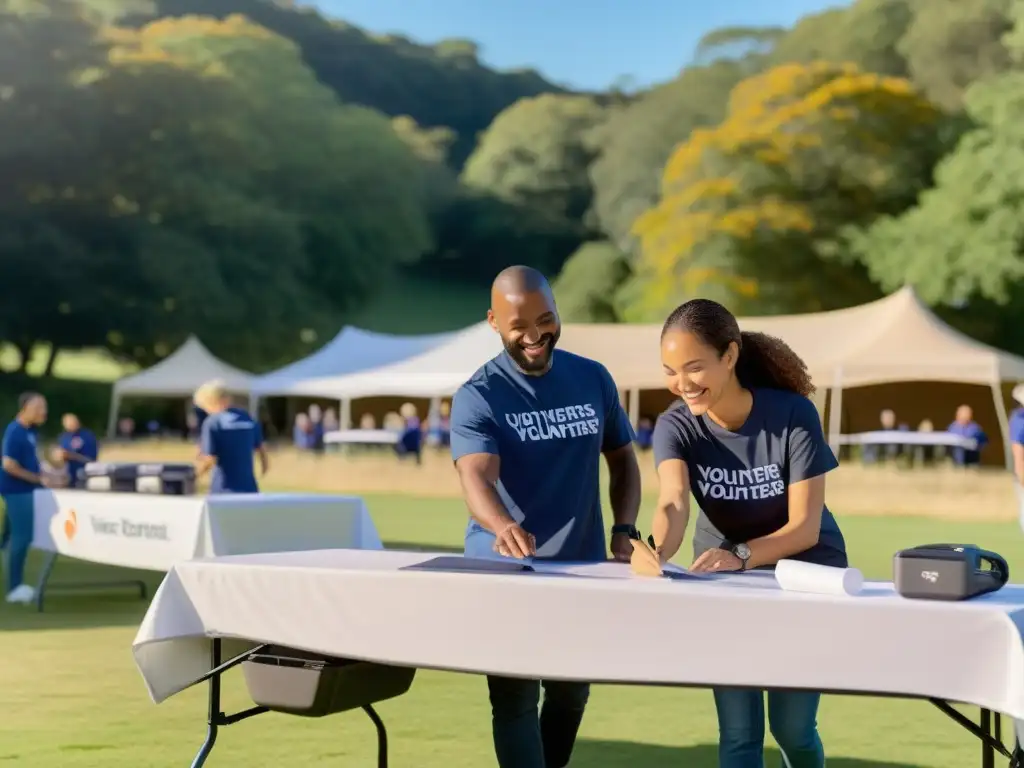 Voluntarios preparando evento benéfico al aire libre con innovación en eventos benéficos