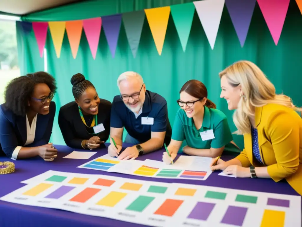 Planificación creativa para evento benéfico Voluntarios organizando un evento benéfico temático con ideas creativas en un espacio vibrante y colorido