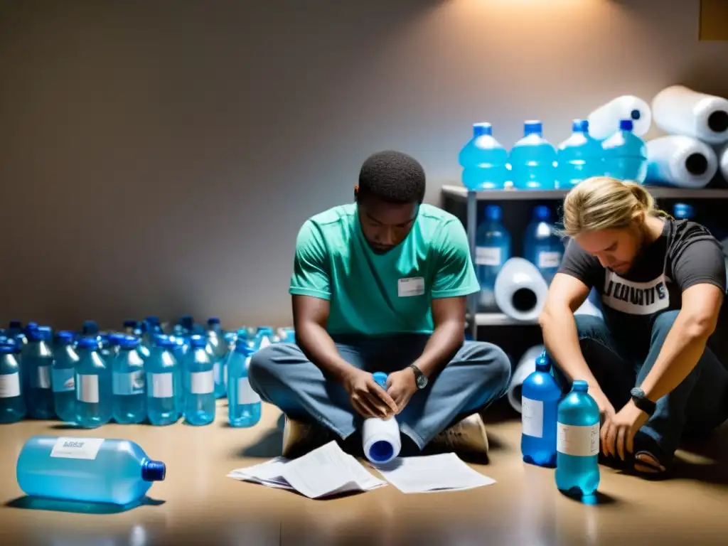 Voluntarios exhaustos descansando entre papeleo y botellas vacías, reflejando la prevención del burnout en voluntarios