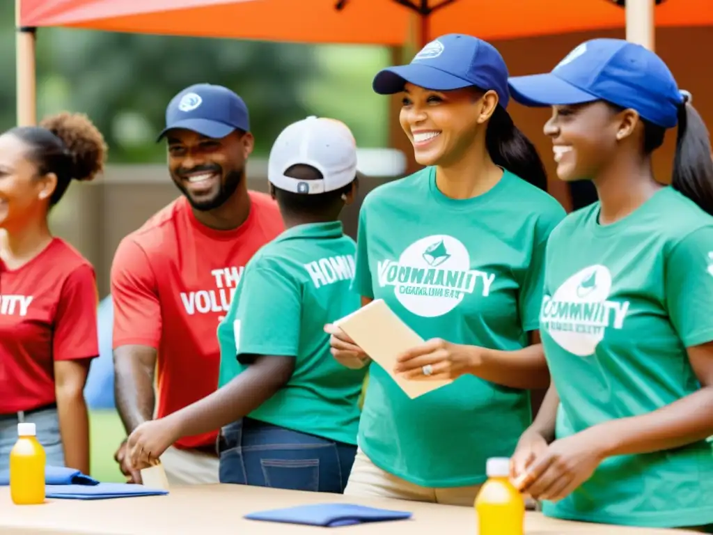 Voluntarios con merchandising personalizado interactúan con familias en evento comunitario