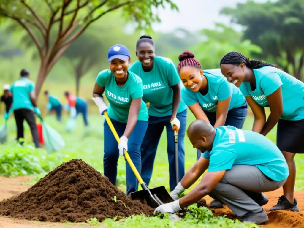 Voluntarios y comunidad unidos en limpieza y reforestación Voluntarios y miembros de la comunidad limpiando un parque y plantando árboles