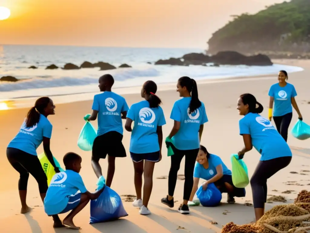 Limpieza de playa al atardecer: voluntarios unidos por un mundo mejor Voluntarios de una ONG limpian la playa al atardecer, creando un momento cálido y solidario
