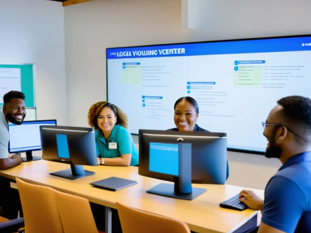 Voluntarios sonrientes en centro comunitario, aprendiendo software para ONGs