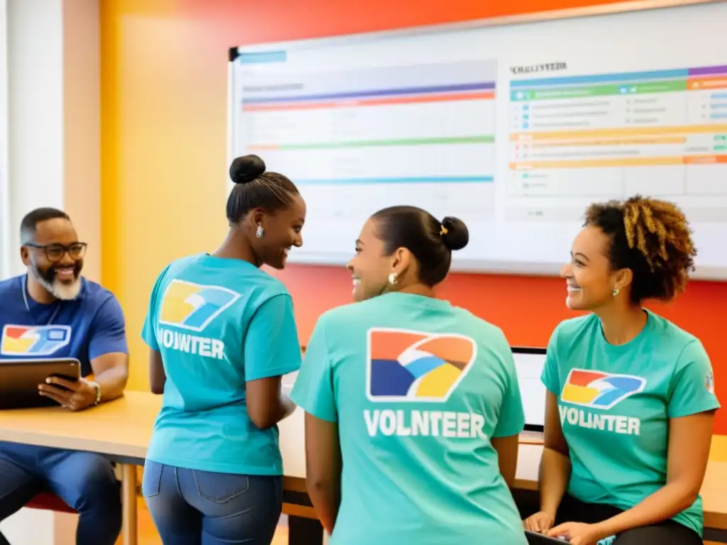 Voluntarios coordinando tareas y horarios con tablets y smartphones en sala luminosa