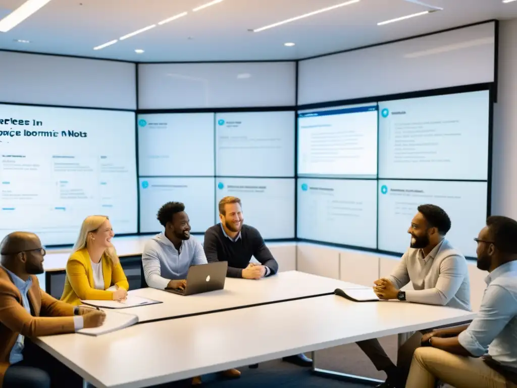 Colaboración tecnológica para el impacto social Voluntarios y trabajadores colaboran en oficina tecnológica de ONG, analizando datos y estrategias para Integración de IA en ONGs