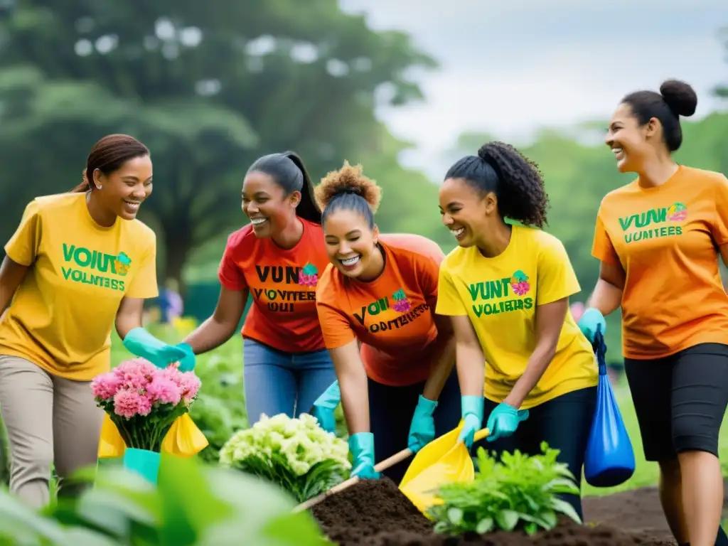 Voluntarios unidos, limpiando el parque y plantando flores, demostrando la importancia del voluntariado en asociaciones