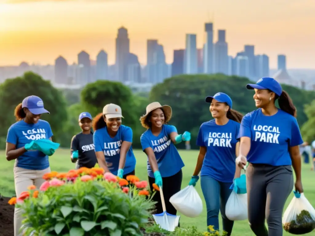 Voluntarios unidos trabajando para limpiar el parque, demostrando la importancia del voluntariado en asociaciones comunitarias